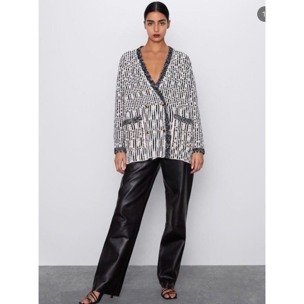 ZARA Structured Double breasted Knit Black, White Cardigan Jacket Oversized Sz S